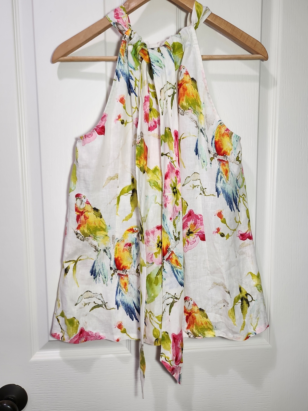 Tommy Bahama 100% Linen Tropical Parrot Floral Halter Top Back-Tie Blouse - Picture 8 of 15